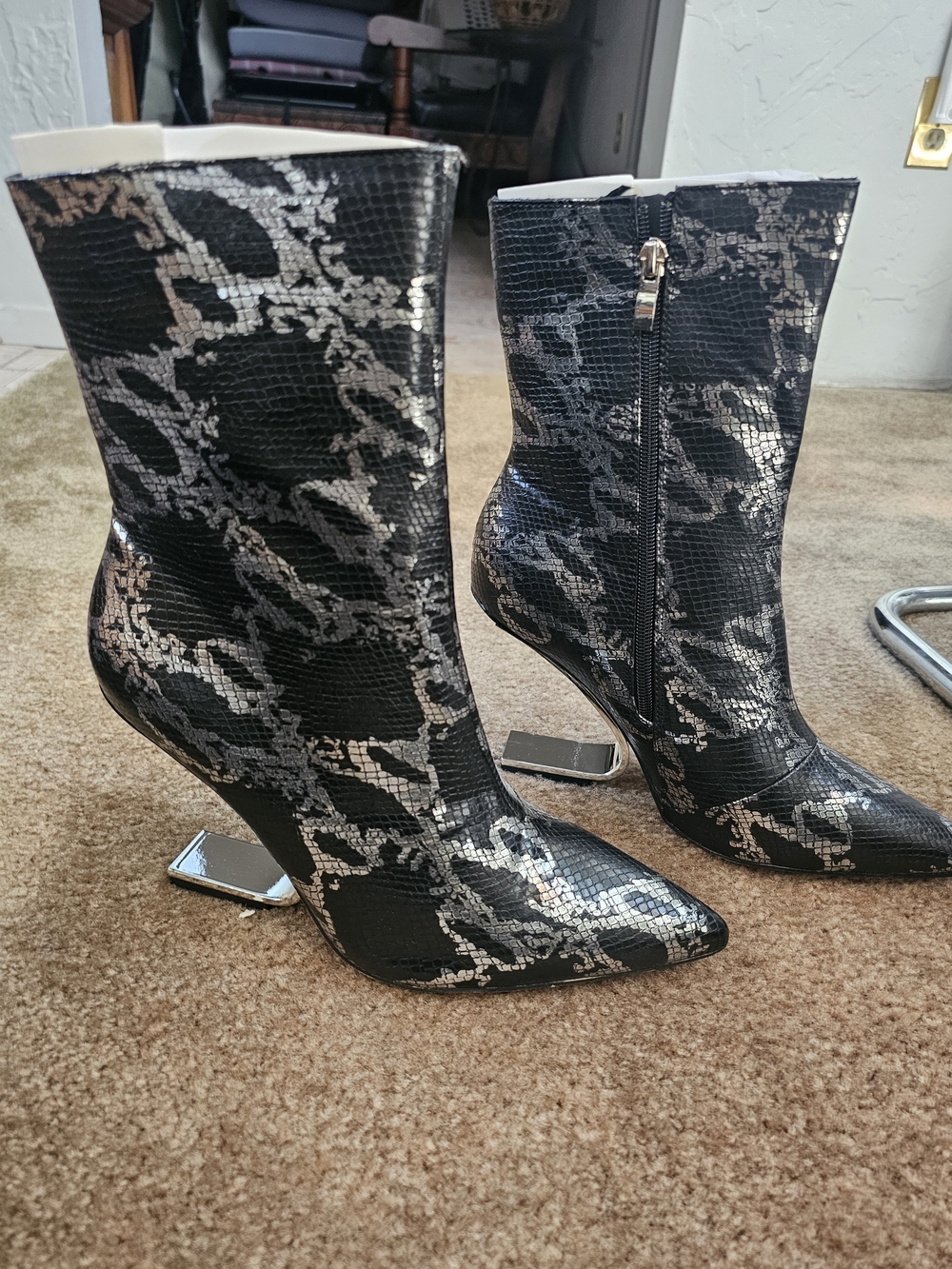 Pointed Toe Snake-Print Ankle Boots with Silver Heel